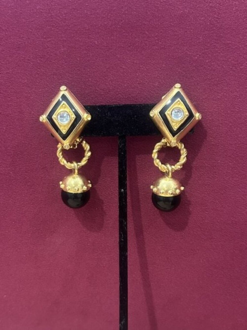 LESLIE BLOCK Gold Black Rhinestone Door Knocker Runway EARRINGS